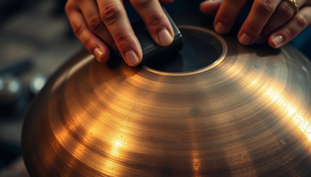 A close-up view of a handpan in the process of being formed, showcasing the intricate metalworking involved in its creation. The handpan's shell is being carefully hammered and shaped by a skilled artisan's hands, revealing the tactile and meticulous nature of the craftsmanship. The metal's surface reflects the warm, focused lighting, highlighting the unique contours and textures that will ultimately define the instrument's distinctive sound. The background is blurred, allowing the viewer to focus solely on the mesmerizing process of the handpan's formation, conveying a sense of artistry, patience, and the dedication required to bring this musical instrument to life.