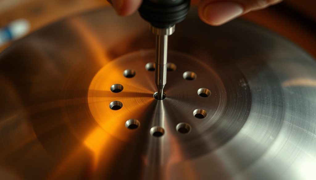 A precision drill carefully perforating the surface of a handpan, a unique musical instrument. The scene is captured in a crisp, high-resolution close-up, showcasing the intricate metalwork and the delicate perforation process. Soft, warm lighting illuminates the handpan's satin finish, creating subtle shadows and highlights that accentuate the instrument's organic curves. The drill bit, held with a steady hand, is centered in the frame, its angular geometry juxtaposed against the handpan's rounded form. The background is softly blurred, allowing the viewer to focus solely on the focused, meticulous act of creating the precise holes necessary for tuning this handcrafted percussion instrument.