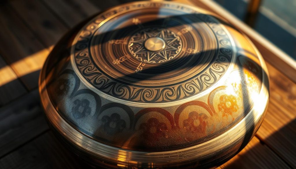 a close-up shot of a personalized handpan, showcasing intricate hand-painted designs and patterns that reflect the maker's unique artistic style and personality. The instrument is placed on a wooden surface, with natural lighting casting warm shadows and highlights across the textured metal surface. The composition emphasizes the handpan's tactile qualities, inviting the viewer to imagine the soothing, resonant tones it produces. The overall mood is one of craftsmanship, individuality, and the joy of musical self-expression.