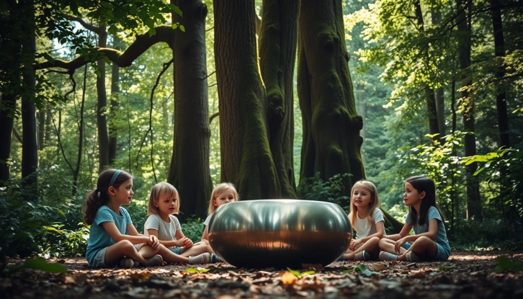 A serene forest clearing, dappled sunlight filtering through verdant foliage. In the center, a group of children sit cross-legged, transfixed by the mesmerizing tones of a handpan player. The instrument's distinctive shape and metallic gleam catch the light, its soothing vibrations filling the air. The children's faces are rapt, their expressions a blend of wonder and delight as they experience the handpan's captivating melodies. Tall, moss-covered trees provide a natural backdrop, lending an enchanting, otherworldly ambiance to the scene. Soft, diffused lighting lends a warm, dreamlike quality, creating an immersive, harmonious atmosphere that evokes the joy of discovering music in the heart of nature.