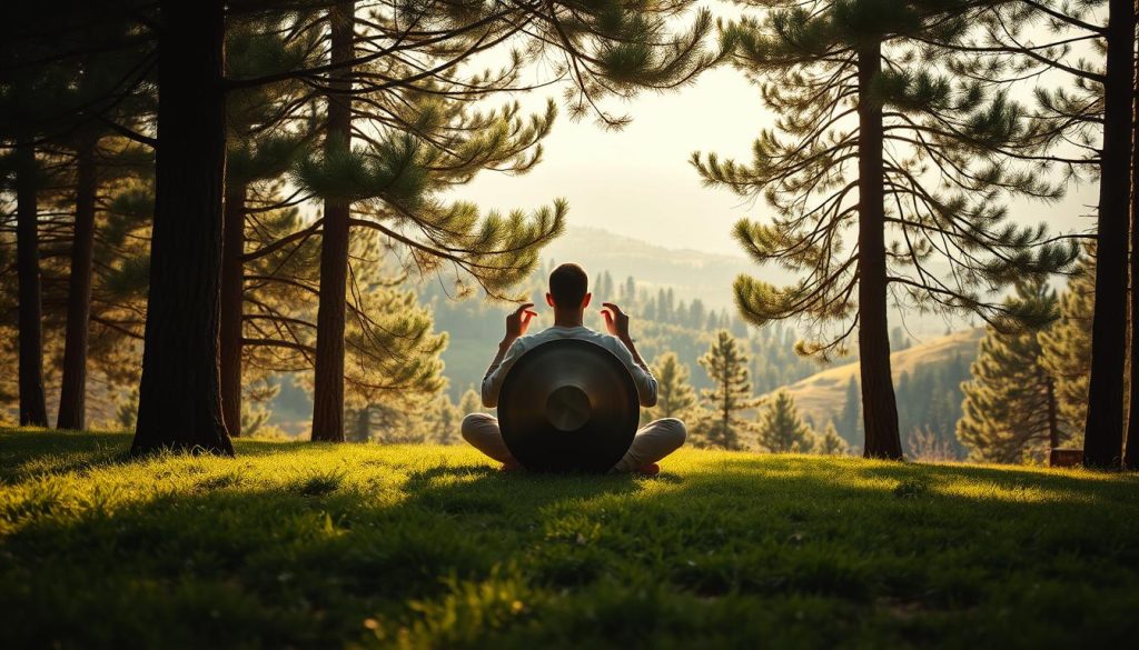 A serene retreat in a lush, verdant clearing surrounded by towering pines. A lone figure sits cross-legged, lost in the soulful melody of a handpan, its ethereal tones resonating through the tranquil atmosphere. Soft, diffused sunlight filters through the canopy, casting a warm, natural glow over the scene. The handpan player is framed by a picturesque landscape, with rolling hills and a distant, hazy horizon. The overall mood is one of introspection, harmony, and a deep connection with nature.