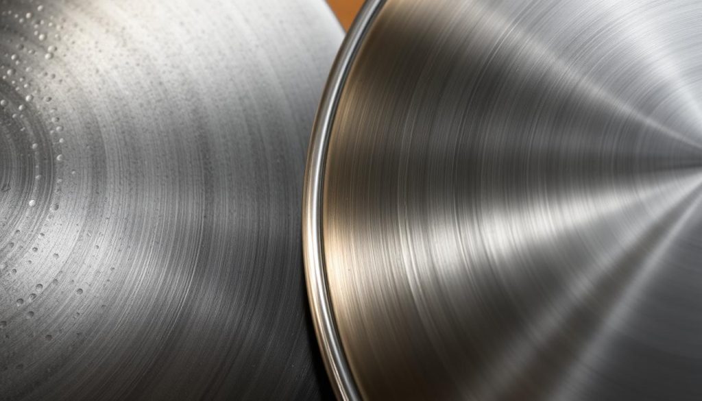 A detailed close-up view of two handpan drumheads, one made of nitrided steel and the other of stainless steel, placed side by side. The nitrided steel has a matte, dark grey finish, while the stainless steel gleams with a polished, metallic sheen. The surfaces exhibit distinct textures, with the nitrided steel showing a finely pebbled pattern and the stainless steel a smooth, mirror-like reflective quality. Soft, directional lighting accentuates the materials' contrasting properties, creating a sense of depth and highlighting their unique visual characteristics. The image should convey the subtle differences in the fabrication materials and their impact on the overall aesthetic and tonal qualities of the handpan instruments.
