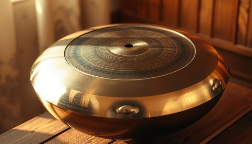 A serene and resonant handpan nestled on a wooden surface, bathed in warm, soft lighting. The intricate metallic tones and harmonious overtones radiate outward, conveying the sustain and resonance that define the unique sonic character of this mesmerizing instrument. The scene is captured from a slightly elevated angle, allowing the viewer to appreciate the handpan's organic form and the subtle interplay of light and shadow. The background is blurred, gently guiding the focus towards the mesmerizing display of acoustic energy and the thoughtful exploration of the handpan's sonic qualities.