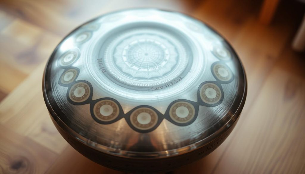 A close-up shot of a handpan drum, carefully positioned on a wooden surface. The lighting is soft and diffused, highlighting the intricate patterns and textures of the instrument. The camera angle is slightly elevated, capturing the handpan from a flattering, three-quarter view that showcases its unique shape and size. The background is blurred, creating a sense of depth and focus on the handpan itself. The overall mood is one of tranquility and attention to detail, conveying the care and consideration that goes into preparing a handpan for sale. A close-up shot of a handpan drum, carefully positioned on a wooden surface. The lighting is soft and diffused, highlighting the intricate patterns and textures of the instrument. The camera angle is slightly elevated, capturing the handpan from a flattering, three-quarter view that showcases its unique shape and size. The background is blurred, creating a sense of depth and focus on the handpan itself. The overall mood is one of tranquility and attention to detail, conveying the care and consideration that goes into preparing a handpan for sale.
