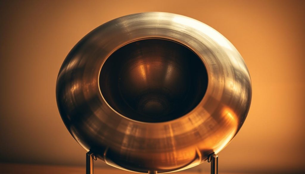 A finely-crafted handpan drum, its domed surface gently curving inward, with a central opening that creates a distinct resonant chamber. The instrument rests on a minimalist stand, showcasing its elegant form and inviting interaction. Warm, soft lighting illuminates the metallic sheen, highlighting the intricate, hammered texture of the shell. The scene is captured in sharp focus, emphasizing the striking visual interplay between the domed shape and the central aperture, the core elements that distinguish the handpan from its cousin, the hang drum. This image aims to visually capture the essence of the physical differences between these two unique and captivating percussion instruments. A finely-crafted handpan drum, its domed surface gently curving inward, with a central opening that creates a distinct resonant chamber. The instrument rests on a minimalist stand, showcasing its elegant form and inviting interaction. Warm, soft lighting illuminates the metallic sheen, highlighting the intricate, hammered texture of the shell. The scene is captured in sharp focus, emphasizing the striking visual interplay between the domed shape and the central aperture, the core elements that distinguish the handpan from its cousin, the hang drum. This image aims to visually capture the essence of the physical differences between these two unique and captivating percussion instruments.