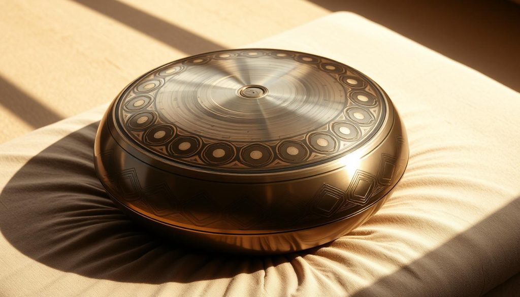 A high-quality, detailed handpan musical instrument resting on a soft, neutral-colored surface, bathed in warm, natural lighting that accentuates the intricate metallic patterns and resonant curves of the instrument. The handpan is positioned prominently in the center of the frame, with a minimalist, uncluttered background that allows the beauty and craftsmanship of the handpan to shine. The image conveys a sense of tranquility, elegance, and the tactile pleasures of playing this unique and enchanting percussion instrument. A high-quality, detailed handpan musical instrument resting on a soft, neutral-colored surface, bathed in warm, natural lighting that accentuates the intricate metallic patterns and resonant curves of the instrument. The handpan is positioned prominently in the center of the frame, with a minimalist, uncluttered background that allows the beauty and craftsmanship of the handpan to shine. The image conveys a sense of tranquility, elegance, and the tactile pleasures of playing this unique and enchanting percussion instrument.