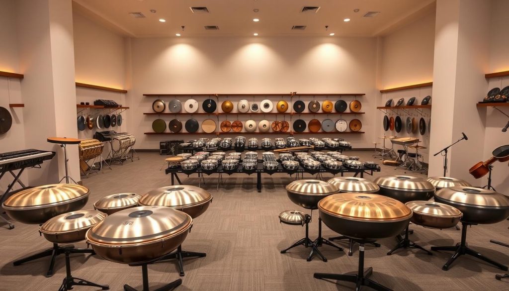 A modern, well-lit showroom displaying a variety of specialized music instrument platforms. In the foreground, a variety of handpans are showcased on sleek, minimalist display stands. The middle ground features rows of different percussion instruments like steel tongue drums, hang drums, and other unique handpan-style instruments, all neatly arranged. The background depicts a clean, airy space with neutral-toned walls and subtle, indirect lighting that creates a warm, inviting atmosphere. The overall scene conveys a sense of professionalism, attention to detail, and a focus on highlighting the unique features and craftsmanship of these specialized musical instruments. A modern, well-lit showroom displaying a variety of specialized music instrument platforms. In the foreground, a variety of handpans are showcased on sleek, minimalist display stands. The middle ground features rows of different percussion instruments like steel tongue drums, hang drums, and other unique handpan-style instruments, all neatly arranged. The background depicts a clean, airy space with neutral-toned walls and subtle, indirect lighting that creates a warm, inviting atmosphere. The overall scene conveys a sense of professionalism, attention to detail, and a focus on highlighting the unique features and craftsmanship of these specialized musical instruments.