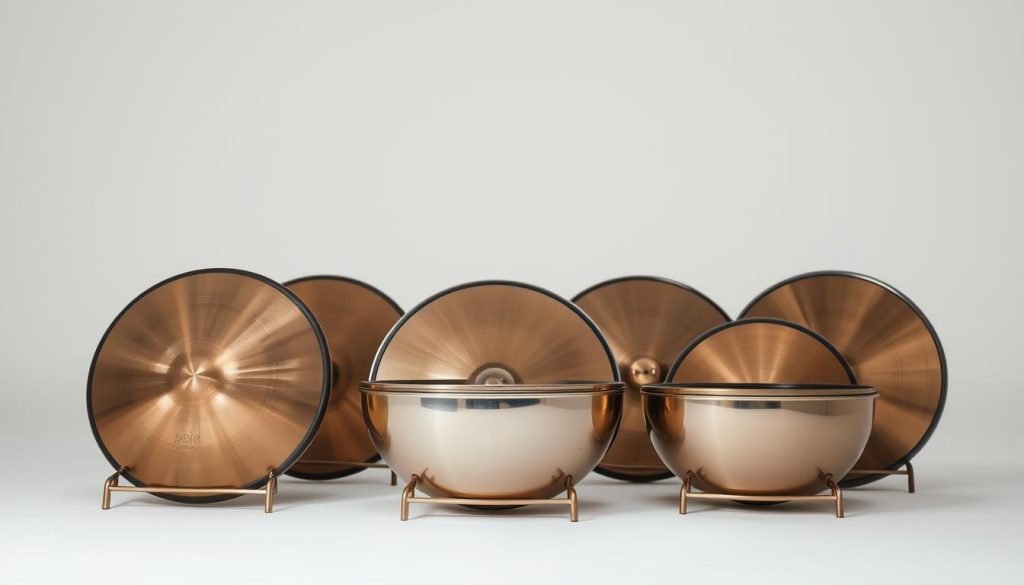 A pristine arrangement of handpans in a serene, well-lit studio setting. The instruments are displayed in the foreground, their metallic bodies gleaming under soft, diffused lighting. The midground features a minimalist backdrop, perhaps a plain white wall or a subtle gradient, allowing the handpans to take center stage. The background is blurred, creating a sense of depth and focus on the main subject. The overall mood is one of elegance, craftsmanship, and the tranquil beauty of these unique musical instruments.