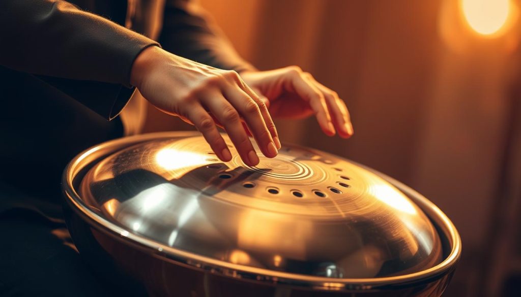 A professional handpan musician performs an intricate piece on a gleaming silver instrument, bathed in warm, soft lighting that highlights the delicate textures and curves of the handpan. The musician's hands move with precision and fluidity, coaxing out a mesmerizing melody that fills the air. The background is slightly blurred, creating a sense of focus and intimacy, and the overall scene conveys a serene, contemplative atmosphere, befitting the sophistication and skill required to master the handpan.