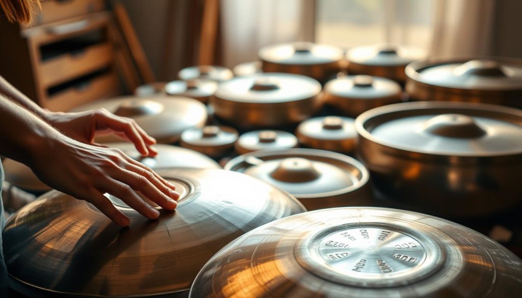A serene and tranquil scene of handpans, the mesmerizing percussion instruments favored by beginners. In the foreground, a pair of skillful hands caress the unique, dimpled surfaces, coaxing out mellow, soothing tones. The middle ground features an array of handpans in various sizes and metallic hues, each with its own distinct character. The background is softly blurred, evoking a sense of focus and contemplation. Warm, natural lighting bathes the scene, creating a harmonious and inviting atmosphere, perfect for novice handpan enthusiasts to explore and discover the joys of this enchanting instrument.
