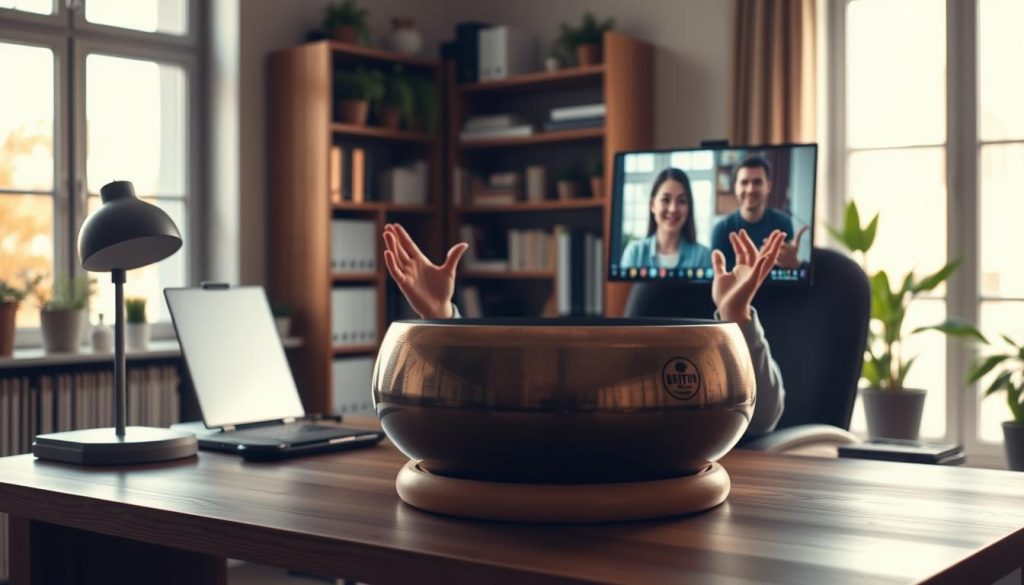 A serene home office scene, with a handpan drum prominently displayed on a wooden desk. Soft, natural lighting filters through large windows, casting a warm glow. In the foreground, a person sits at the desk, hands gesturing expressively as they engage in a video call, discussing the details of the handpan with a potential buyer. The background features bookshelves and plants, creating a cozy, professional atmosphere. The overall mood is one of productive, efficient communication, reflecting the section title "Communiquer efficacement avec les acheteurs potentiels." A serene home office scene, with a handpan drum prominently displayed on a wooden desk. Soft, natural lighting filters through large windows, casting a warm glow. In the foreground, a person sits at the desk, hands gesturing expressively as they engage in a video call, discussing the details of the handpan with a potential buyer. The background features bookshelves and plants, creating a cozy, professional atmosphere. The overall mood is one of productive, efficient communication, reflecting the section title "Communiquer efficacement avec les acheteurs potentiels."