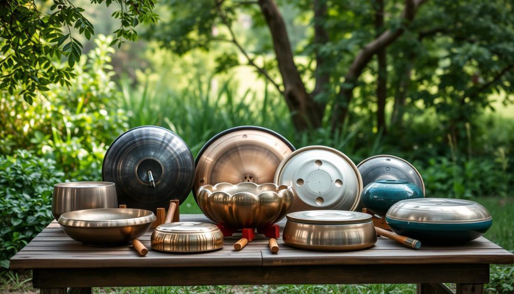 A serene outdoor scene featuring a diverse array of handpan musical instruments displayed on a wooden table. The handpans are arranged in a visually appealing composition, showcasing their unique shapes and tones. The table is situated in a tranquil, natural setting, with lush greenery and a soft, diffused light creating a calming ambiance. The image conveys a sense of tactile craftsmanship and artisanal appeal, inviting the viewer to explore these alternative musical options beyond the convenience of online retail platforms. A serene outdoor scene featuring a diverse array of handpan musical instruments displayed on a wooden table. The handpans are arranged in a visually appealing composition, showcasing their unique shapes and tones. The table is situated in a tranquil, natural setting, with lush greenery and a soft, diffused light creating a calming ambiance. The image conveys a sense of tactile craftsmanship and artisanal appeal, inviting the viewer to explore these alternative musical options beyond the convenience of online retail platforms.
