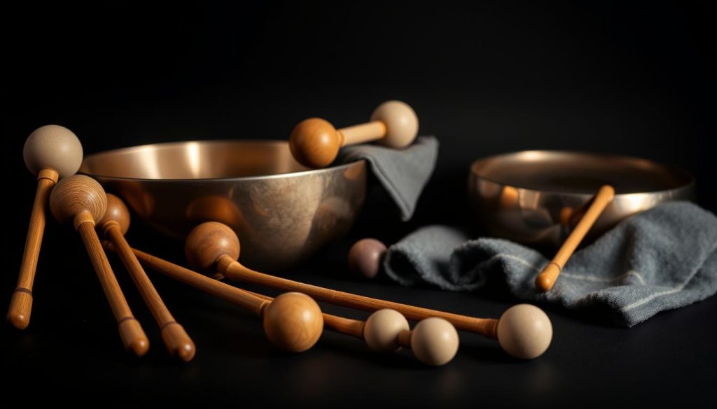 A still life photograph showcasing a collection of handpan accessories on a dark, minimalist background. In the foreground, a variety of handpan mallets with wooden handles and soft, mallet heads are displayed, each one slightly angled to catch the soft, diffused lighting from above. In the middle ground, a handpan tuning mallet and a microfiber cloth for cleaning the instrument's surface are neatly arranged. The background is filled with a shadowy, yet elegant ambiance, allowing the handpan accessories to take center stage. The overall composition and lighting create a sense of refined sophistication, perfectly suited to illustrate the "Les accessoires indispensables pour votre handpan" section of the article.