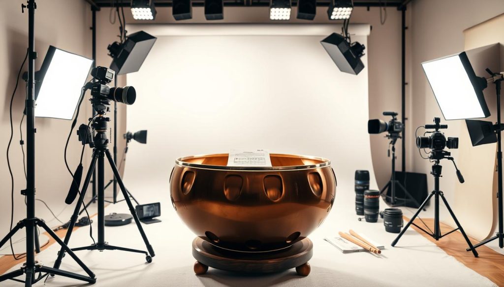 A vibrant, high-quality photo and video setup for an eye-catching handpan ad. A well-lit, neatly organized studio space with a variety of camera equipment, including a DSLR camera on a tripod, a professional video camera, and assorted lenses. Soft, diffused lighting from multiple angles creates a warm, inviting atmosphere. The handpan takes center stage, captured from multiple perspectives to showcase its intricate details and rich sound. A neutral backdrop allows the instrument to stand out, while carefully arranged accessories like drumsticks and a music sheet add context. The overall impression is one of professionalism, attention to detail, and a desire to present the handpan in the most appealing and authentic way possible. A vibrant, high-quality photo and video setup for an eye-catching handpan ad. A well-lit, neatly organized studio space with a variety of camera equipment, including a DSLR camera on a tripod, a professional video camera, and assorted lenses. Soft, diffused lighting from multiple angles creates a warm, inviting atmosphere. The handpan takes center stage, captured from multiple perspectives to showcase its intricate details and rich sound. A neutral backdrop allows the instrument to stand out, while carefully arranged accessories like drumsticks and a music sheet add context. The overall impression is one of professionalism, attention to detail, and a desire to present the handpan in the most appealing and authentic way possible.