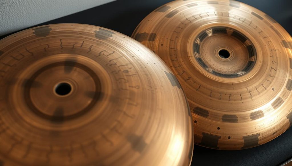 A close-up shot of two handpans, one with a 432 Hz tuning and the other with a 440 Hz tuning, arranged side by side on a dark, minimalist surface. The handpans are beautifully crafted, with intricate hammered patterns and a warm, metallic sheen. Soft, directional lighting from the side casts subtle shadows, highlighting the unique textures and shapes of the instruments. The image conveys a sense of harmony and compatibility, suggesting the musical interplay and potential synergy between the two tunings. The overall mood is one of contemplation and appreciation for the nuanced differences in sound and feel between the 432 Hz and 440 Hz handpans. A close-up shot of two handpans, one with a 432 Hz tuning and the other with a 440 Hz tuning, arranged side by side on a dark, minimalist surface. The handpans are beautifully crafted, with intricate hammered patterns and a warm, metallic sheen. Soft, directional lighting from the side casts subtle shadows, highlighting the unique textures and shapes of the instruments. The image conveys a sense of harmony and compatibility, suggesting the musical interplay and potential synergy between the two tunings. The overall mood is one of contemplation and appreciation for the nuanced differences in sound and feel between the 432 Hz and 440 Hz handpans.
