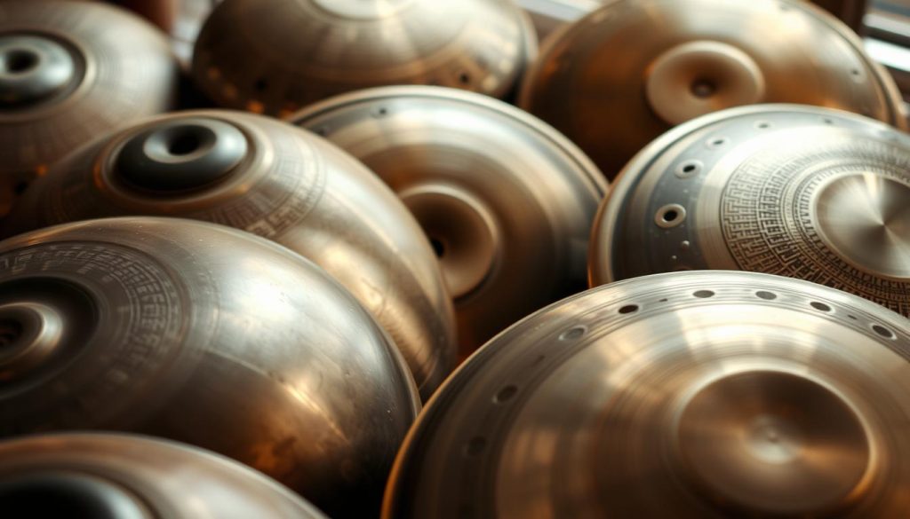 A close-up shot of various handpan models, showcasing the intricate patterns and textures of their distinctive sound chambers. The handpans are arranged in a visually pleasing composition, with a focus on the subtle variations in their tonal ranges and playing techniques. The lighting is soft and natural, highlighting the metallic sheen and the unique craftsmanship of each instrument. The background is blurred, creating a sense of depth and drawing the viewer's attention to the captivating details of the handpans. The overall atmosphere is one of contemplation and appreciation for the musical diversity of this enchanting percussion instrument. A close-up shot of various handpan models, showcasing the intricate patterns and textures of their distinctive sound chambers. The handpans are arranged in a visually pleasing composition, with a focus on the subtle variations in their tonal ranges and playing techniques. The lighting is soft and natural, highlighting the metallic sheen and the unique craftsmanship of each instrument. The background is blurred, creating a sense of depth and drawing the viewer's attention to the captivating details of the handpans. The overall atmosphere is one of contemplation and appreciation for the musical diversity of this enchanting percussion instrument.