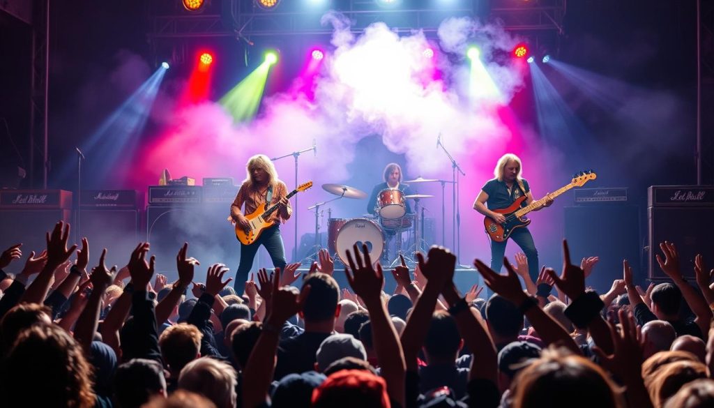 A dramatic concert scene capturing the essence of Led Zeppelin, highlighting key moments in their history. In the foreground, an energetic crowd of diverse fans with raised hands, expressing excitement. The middle ground features the iconic band members: Robert Plant in a flowing shirt, Jimmy Page with his electric guitar, John Bonham on drums, and John Paul Jones with a bass, all exuding passion and intensity. In the background, vintage amps and colorful stage lights create a vibrant atmosphere, with smoke swirling around. The lighting is dynamic, casting dramatic shadows for a nostalgic effect. The image should evoke a sense of triumph and bittersweet memories, reflecting success and challenges faced by the band, with a focus on camaraderie and artistry. A dramatic concert scene capturing the essence of Led Zeppelin, highlighting key moments in their history. In the foreground, an energetic crowd of diverse fans with raised hands, expressing excitement. The middle ground features the iconic band members: Robert Plant in a flowing shirt, Jimmy Page with his electric guitar, John Bonham on drums, and John Paul Jones with a bass, all exuding passion and intensity. In the background, vintage amps and colorful stage lights create a vibrant atmosphere, with smoke swirling around. The lighting is dynamic, casting dramatic shadows for a nostalgic effect. The image should evoke a sense of triumph and bittersweet memories, reflecting success and challenges faced by the band, with a focus on camaraderie and artistry.