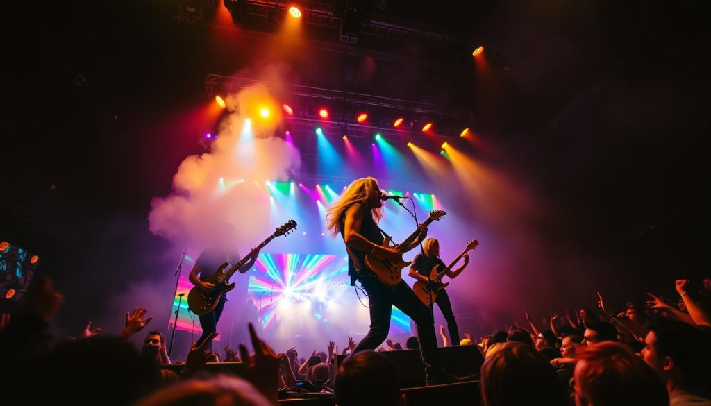 A dynamic concert scene featuring Led Zeppelin performing on stage, capturing the energy and excitement of their legendary live shows. In the foreground, the band members are passionately engaging with their instruments, dressed in 1970s rock attire, with Robert Plant's iconic long hair flowing as he sings. The middle ground showcases a vibrant array of colorful stage lights, creating a mesmerizing light show around the musicians. In the background, an enthusiastic crowd is visible, their faces illuminated by the stage lights, reflecting awe and exhilaration. The atmosphere is electric, with thick fog rolling over the stage, enhancing the dramatic mood. Utilize a wide-angle lens to capture the grandeur of the performance, with a warm color palette to evoke nostalgia for rock history. A dynamic concert scene featuring Led Zeppelin performing on stage, capturing the energy and excitement of their legendary live shows. In the foreground, the band members are passionately engaging with their instruments, dressed in 1970s rock attire, with Robert Plant's iconic long hair flowing as he sings. The middle ground showcases a vibrant array of colorful stage lights, creating a mesmerizing light show around the musicians. In the background, an enthusiastic crowd is visible, their faces illuminated by the stage lights, reflecting awe and exhilaration. The atmosphere is electric, with thick fog rolling over the stage, enhancing the dramatic mood. Utilize a wide-angle lens to capture the grandeur of the performance, with a warm color palette to evoke nostalgia for rock history.