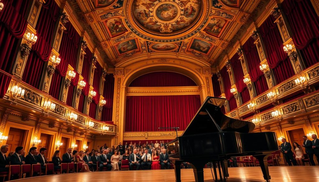 A grand, ornate concert hall with lush red velvet curtains and gilded architectural details. In the foreground, a grand piano sits on a polished stage, its keys gleaming under warm, focused lighting. In the middle ground, elegant patrons in formal attire are seated, their faces alight with wonder as they listen intently to the performance. The background reveals a towering, vaulted ceiling adorned with intricate frescoes, creating a sense of timeless grandeur and cultural significance. The overall scene evokes a reverent, historic atmosphere, capturing the deep cultural context and significance of musical frequencies. A grand, ornate concert hall with lush red velvet curtains and gilded architectural details. In the foreground, a grand piano sits on a polished stage, its keys gleaming under warm, focused lighting. In the middle ground, elegant patrons in formal attire are seated, their faces alight with wonder as they listen intently to the performance. The background reveals a towering, vaulted ceiling adorned with intricate frescoes, creating a sense of timeless grandeur and cultural significance. The overall scene evokes a reverent, historic atmosphere, capturing the deep cultural context and significance of musical frequencies.