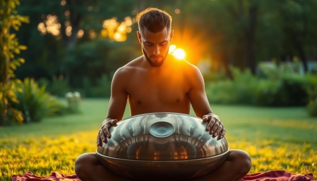 A handpan musician sits in a serene outdoor setting, surrounded by lush greenery and a warm, golden sunset. The handpan rests on their lap, reflecting the warm light. A sense of focus and dedication emanates from the scene, with the musician's gaze fixed on the handpan, deeply immersed in the art of improvisation. The composition emphasizes the connection between the musician and their instrument, conveying the journey towards rapid progress and mastery. Soft, diffused lighting creates a tranquil, inspirational atmosphere, inviting the viewer to embark on their own musical exploration. A handpan musician sits in a serene outdoor setting, surrounded by lush greenery and a warm, golden sunset. The handpan rests on their lap, reflecting the warm light. A sense of focus and dedication emanates from the scene, with the musician's gaze fixed on the handpan, deeply immersed in the art of improvisation. The composition emphasizes the connection between the musician and their instrument, conveying the journey towards rapid progress and mastery. Soft, diffused lighting creates a tranquil, inspirational atmosphere, inviting the viewer to embark on their own musical exploration.
