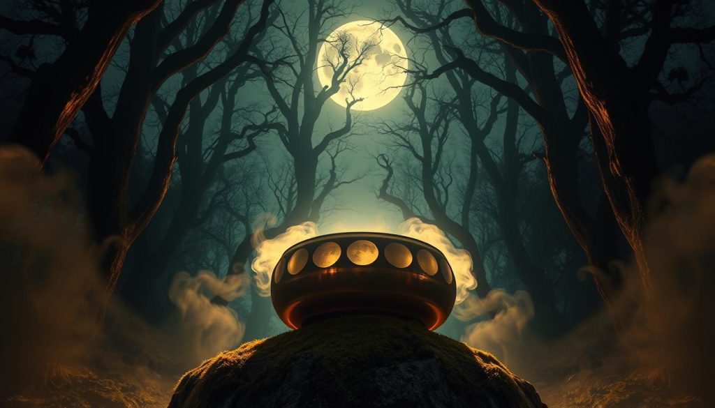 A mystical moonlit forest, ancient trees casting long shadows. In the center, a glowing handpan instrument rests on a moss-covered rock, its metallic tones shimmering in the soft light. The handpan's circular pattern reflects the phases of the moon, a symbol of the cyclical nature of the musical scale. Wispy fog swirls around the instrument, creating an ethereal, otherworldly atmosphere. The camera angle is low, emphasizing the handpan's importance and the viewer's sense of wonder and exploration. Warm, muted tones predominate, evoking the melancholy yet deeply introspective nature of the minor scale. A mystical moonlit forest, ancient trees casting long shadows. In the center, a glowing handpan instrument rests on a moss-covered rock, its metallic tones shimmering in the soft light. The handpan's circular pattern reflects the phases of the moon, a symbol of the cyclical nature of the musical scale. Wispy fog swirls around the instrument, creating an ethereal, otherworldly atmosphere. The camera angle is low, emphasizing the handpan's importance and the viewer's sense of wonder and exploration. Warm, muted tones predominate, evoking the melancholy yet deeply introspective nature of the minor scale.