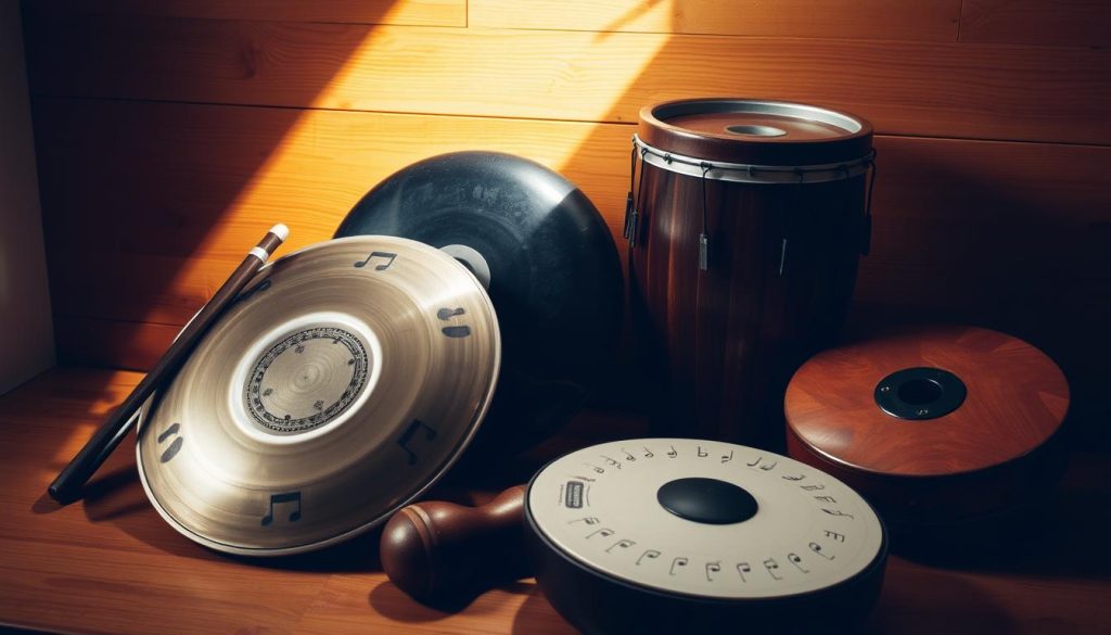 A neatly arranged collection of musical instruments, including a handpan and a tongue drum, set against a warm, wooden background. The instruments are illuminated by soft, natural lighting, casting gentle shadows and highlighting their intricate details. The composition emphasizes the number and range of notes available on these percussive instruments, showcasing their melodic potential. The overall atmosphere is one of contemplation and appreciation for the tactile and sonic qualities of these unique music-making tools. A neatly arranged collection of musical instruments, including a handpan and a tongue drum, set against a warm, wooden background. The instruments are illuminated by soft, natural lighting, casting gentle shadows and highlighting their intricate details. The composition emphasizes the number and range of notes available on these percussive instruments, showcasing their melodic potential. The overall atmosphere is one of contemplation and appreciation for the tactile and sonic qualities of these unique music-making tools.