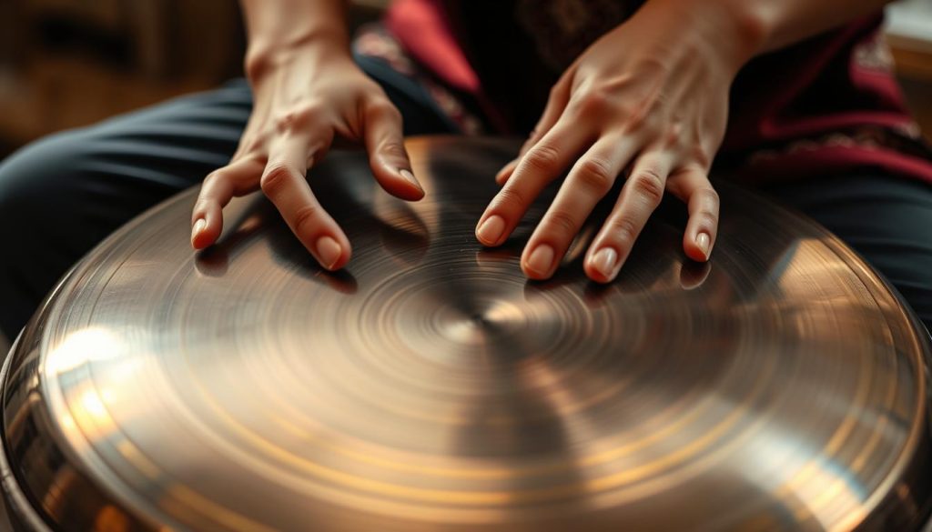 A serene, close-up view of a person's hands delicately playing a handpan, the metal instrument's intricate surface reflecting the warm, natural lighting. The player's fingers dance across the concentric circles, producing a mesmerizing, soothing melody. The background is blurred, keeping the focus on the skillful technique and the captivating sound. The image conveys a sense of calm, mindfulness, and the joy of musical improvisation. A serene, close-up view of a person's hands delicately playing a handpan, the metal instrument's intricate surface reflecting the warm, natural lighting. The player's fingers dance across the concentric circles, producing a mesmerizing, soothing melody. The background is blurred, keeping the focus on the skillful technique and the captivating sound. The image conveys a sense of calm, mindfulness, and the joy of musical improvisation.
