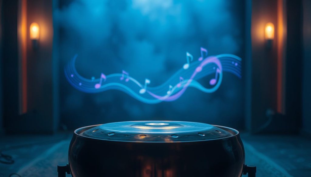 A serene, dimly lit studio with a handpan instrument prominently displayed. The handpan is positioned in the foreground, its intricate, metallic surface reflecting the soft, diffused lighting. In the middle ground, an artistic, abstract visual representation of a musical melody unfolds, with swirling lines and shapes in shades of blue and purple, symbolizing the process of creating unique melodies. The background features a blurred, atmospheric backdrop, adding depth and a sense of creative inspiration to the scene. A serene, dimly lit studio with a handpan instrument prominently displayed. The handpan is positioned in the foreground, its intricate, metallic surface reflecting the soft, diffused lighting. In the middle ground, an artistic, abstract visual representation of a musical melody unfolds, with swirling lines and shapes in shades of blue and purple, symbolizing the process of creating unique melodies. The background features a blurred, atmospheric backdrop, adding depth and a sense of creative inspiration to the scene.