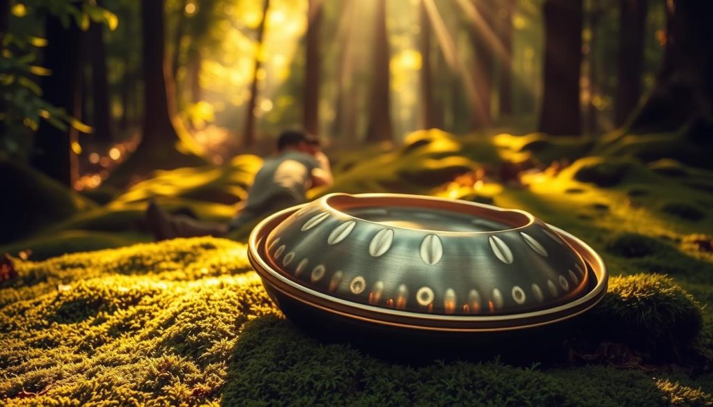 A serene handpan resting on a lush, verdant moss-covered forest floor, bathed in warm, golden sunlight filtering through the canopy. The handpan's metallic surface reflects the dappled light, creating a mesmerizing dance of shadows and highlights. The instrument's distinctive shape and intricate design are showcased, inviting the viewer to imagine the soothing, calming tones of the "Fa major" scale resonating through the tranquil woodland. The overall scene exudes a sense of comfort and rejuvenation, mirroring the section title "La gamme Fa majeur : Confort et réconfort". A serene handpan resting on a lush, verdant moss-covered forest floor, bathed in warm, golden sunlight filtering through the canopy. The handpan's metallic surface reflects the dappled light, creating a mesmerizing dance of shadows and highlights. The instrument's distinctive shape and intricate design are showcased, inviting the viewer to imagine the soothing, calming tones of the "Fa major" scale resonating through the tranquil woodland. The overall scene exudes a sense of comfort and rejuvenation, mirroring the section title "La gamme Fa majeur : Confort et réconfort".