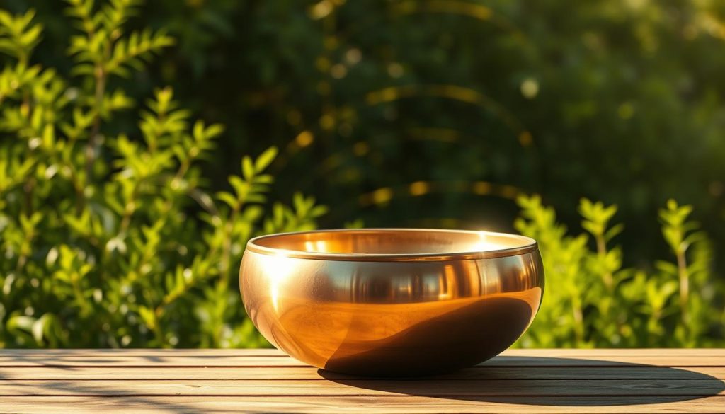 A serene, sunlit landscape with a handpan instrument resting on a wooden surface. The handpan is highlighted, its metallic tones gleaming in the warm, golden light. The background features lush, verdant foliage, conveying a sense of tranquility and natural harmony. Soft, diffused lighting creates a calming, luminous atmosphere, emphasizing the joyful and radiant nature of the "Do major" scale. The composition is balanced, with the handpan placed in the center, drawing the viewer's attention to the instrument and its soothing, melodic potential. A serene, sunlit landscape with a handpan instrument resting on a wooden surface. The handpan is highlighted, its metallic tones gleaming in the warm, golden light. The background features lush, verdant foliage, conveying a sense of tranquility and natural harmony. Soft, diffused lighting creates a calming, luminous atmosphere, emphasizing the joyful and radiant nature of the "Do major" scale. The composition is balanced, with the handpan placed in the center, drawing the viewer's attention to the instrument and its soothing, melodic potential.