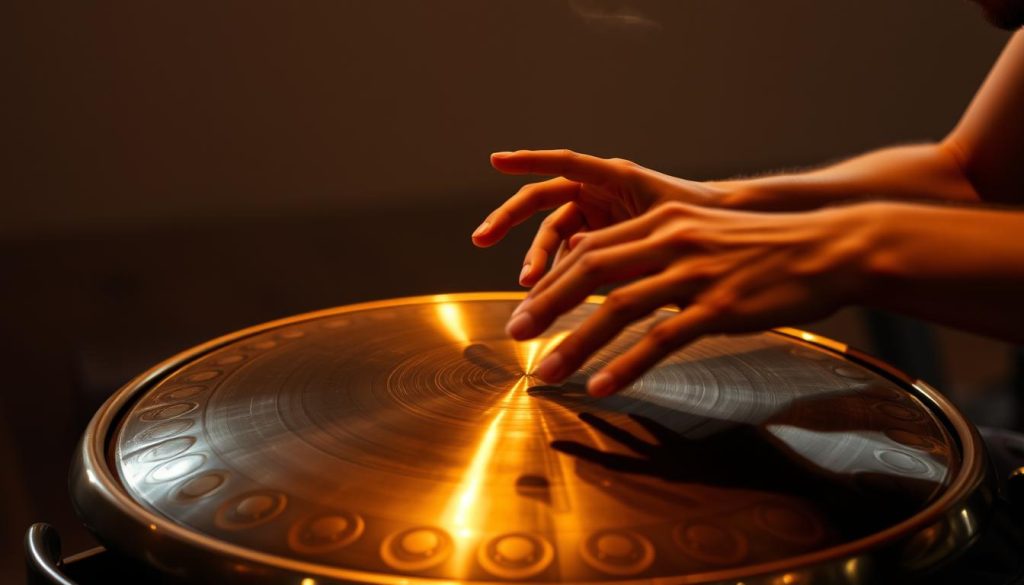 A skilled handpan player performing advanced techniques, their hands gracefully dancing across the intricate steel tones. The instrument's mesmerizing curves and metallic gleam are bathed in warm, focused lighting, creating a sense of intensity and flow. The player's face is in deep concentration, their fingers a blur as they coax out complex rhythms and melodies. The background is slightly blurred, keeping the viewer's attention firmly on the virtuosic display unfolding before them. An evocative, immersive scene capturing the essence of mastering the handpan's advanced improvisational potential. A skilled handpan player performing advanced techniques, their hands gracefully dancing across the intricate steel tones. The instrument's mesmerizing curves and metallic gleam are bathed in warm, focused lighting, creating a sense of intensity and flow. The player's face is in deep concentration, their fingers a blur as they coax out complex rhythms and melodies. The background is slightly blurred, keeping the viewer's attention firmly on the virtuosic display unfolding before them. An evocative, immersive scene capturing the essence of mastering the handpan's advanced improvisational potential.