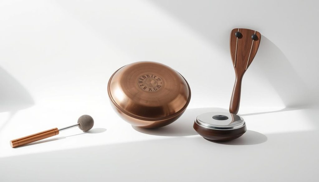 A sleek, minimalist composition showcasing a variety of hand-played musical instruments, including a handpan and a tongue drum, set against a clean, white background. The instruments are photographed from an elevated, slightly angled perspective, casting subtle shadows and highlighting their unique shapes and textures. The lighting is soft and diffused, creating a sense of tranquility and focus on the featured objects. The overall mood is one of simplicity, elegance, and the tactile pleasures of analog music-making. A sleek, minimalist composition showcasing a variety of hand-played musical instruments, including a handpan and a tongue drum, set against a clean, white background. The instruments are photographed from an elevated, slightly angled perspective, casting subtle shadows and highlighting their unique shapes and textures. The lighting is soft and diffused, creating a sense of tranquility and focus on the featured objects. The overall mood is one of simplicity, elegance, and the tactile pleasures of analog music-making.