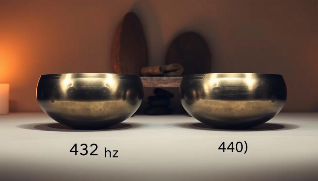 A thoughtful comparison of two handpan frequencies, 432 Hz and 440 Hz, set against a serene, dimly lit backdrop. In the foreground, two handpans sit side by side, their metallic surfaces reflecting the warm, muted lighting. The middle ground features a minimalist, natural setting, perhaps a wooden table or a simple arrangement of rocks, emphasizing the instruments' connection to the earth. The background fades into a soft, hazy atmosphere, creating a sense of contemplation and introspection. The lighting is subtle, with hints of shadow and highlights that accentuate the organic curves and textures of the handpans. The overall mood is one of calm, introspection, and the exploration of the subtle differences between these two tunings. A thoughtful comparison of two handpan frequencies, 432 Hz and 440 Hz, set against a serene, dimly lit backdrop. In the foreground, two handpans sit side by side, their metallic surfaces reflecting the warm, muted lighting. The middle ground features a minimalist, natural setting, perhaps a wooden table or a simple arrangement of rocks, emphasizing the instruments' connection to the earth. The background fades into a soft, hazy atmosphere, creating a sense of contemplation and introspection. The lighting is subtle, with hints of shadow and highlights that accentuate the organic curves and textures of the handpans. The overall mood is one of calm, introspection, and the exploration of the subtle differences between these two tunings.