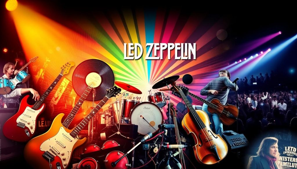 A vibrant and dynamic collage representing the diverse musical styles and influences of the band Led Zeppelin. In the foreground, various musical instruments like electric guitars, a drum set, and a violin blend together, symbolizing rock, blues, and folk influences. The middle ground features iconic visuals, like a vintage vinyl record player and sound waves radiating in colorful patterns, creating an energetic flow. The background showcases abstract representations of 1960s and 1970s concert scenes with silhouettes of fans and stage lights, capturing the fervor of live performances. Soft, ambient lighting casts a warm glow, evoking nostalgia and passion. The atmosphere is electric yet inviting, illustrating the eclectic nature of the band's music without any human subjects. A vibrant and dynamic collage representing the diverse musical styles and influences of the band Led Zeppelin. In the foreground, various musical instruments like electric guitars, a drum set, and a violin blend together, symbolizing rock, blues, and folk influences. The middle ground features iconic visuals, like a vintage vinyl record player and sound waves radiating in colorful patterns, creating an energetic flow. The background showcases abstract representations of 1960s and 1970s concert scenes with silhouettes of fans and stage lights, capturing the fervor of live performances. Soft, ambient lighting casts a warm glow, evoking nostalgia and passion. The atmosphere is electric yet inviting, illustrating the eclectic nature of the band's music without any human subjects.