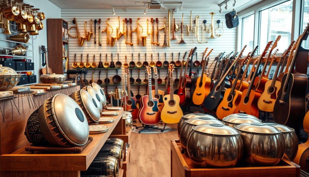 A vibrant and well-lit music store, showcasing an array of musical instruments on display. In the foreground, a selection of hand drums, including tongue drums and handpans, are presented on wooden shelves, their intricate patterns and metallic tones inviting closer inspection. The middle ground features a range of acoustic guitars, their polished bodies and strings catching the warm lighting. In the background, a wall of brass and woodwind instruments stands tall, their gleaming surfaces reflecting the store's modern and professional atmosphere. The overall scene conveys a sense of musical exploration and accessibility, perfectly capturing the essence of the "Prix et accessibilité" section. A vibrant and well-lit music store, showcasing an array of musical instruments on display. In the foreground, a selection of hand drums, including tongue drums and handpans, are presented on wooden shelves, their intricate patterns and metallic tones inviting closer inspection. The middle ground features a range of acoustic guitars, their polished bodies and strings catching the warm lighting. In the background, a wall of brass and woodwind instruments stands tall, their gleaming surfaces reflecting the store's modern and professional atmosphere. The overall scene conveys a sense of musical exploration and accessibility, perfectly capturing the essence of the "Prix et accessibilité" section.