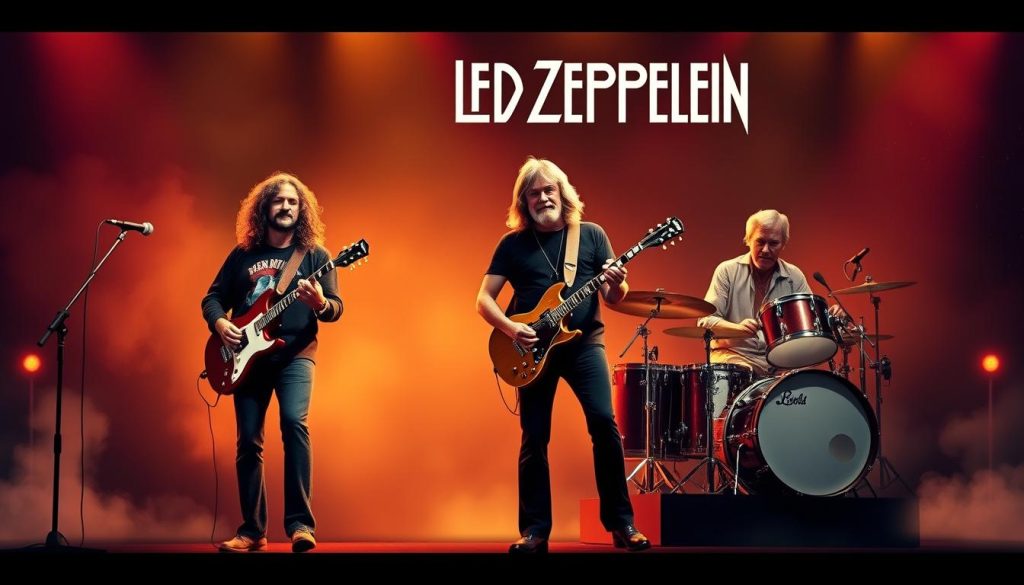A vibrant, artistic composition depicting the four founding members of Led Zeppelin, each portrayed with their signature instruments—Robert Plant with a microphone, Jimmy Page holding an iconic guitar, John Paul Jones with a bass, and John Bonham on drums. In the foreground, they stand confidently, engaging in a dynamic group pose, exuding a sense of camaraderie and passion for music. The middle ground features a stage setting with a soft glow of warm stage lights, emphasizing a rock concert ambiance, while subtle smoke effects enhance the mood. The background is an abstract representation of a swirling sound wave, symbolizing innovation and impact in rock history. The overall scene is filled with a sense of nostalgia and energy, capturing the essence of their legendary status in music. A vibrant, artistic composition depicting the four founding members of Led Zeppelin, each portrayed with their signature instruments—Robert Plant with a microphone, Jimmy Page holding an iconic guitar, John Paul Jones with a bass, and John Bonham on drums. In the foreground, they stand confidently, engaging in a dynamic group pose, exuding a sense of camaraderie and passion for music. The middle ground features a stage setting with a soft glow of warm stage lights, emphasizing a rock concert ambiance, while subtle smoke effects enhance the mood. The background is an abstract representation of a swirling sound wave, symbolizing innovation and impact in rock history. The overall scene is filled with a sense of nostalgia and energy, capturing the essence of their legendary status in music.