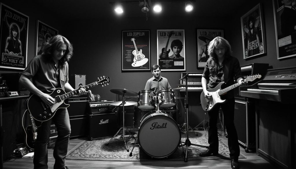 A vintage black and white photograph inspired by Led Zeppelin, capturing the band’s legendary presence in a rehearsal space. In the foreground, the four members—Robert Plant, Jimmy Page, John Paul Jones, and John Bonham—are intensely focused on creating music, dressed in stylish yet modest 1970s clothing. The middle ground features an array of musical instruments: a classic Gibson Les Paul guitar, an intricate drum kit, and a vintage organ, accentuating their creativity. In the background, dimly lit, iconic posters and guitar amplifiers create an atmosphere of rock 'n' roll nostalgia. The lighting is soft with dramatic shadows, evoking a mysterious, intimate vibe, reminiscent of a moment frozen in time. The composition is framed from a low angle to emphasize their larger-than-life status, enhancing the immersive feel of the image. A vintage black and white photograph inspired by Led Zeppelin, capturing the band’s legendary presence in a rehearsal space. In the foreground, the four members—Robert Plant, Jimmy Page, John Paul Jones, and John Bonham—are intensely focused on creating music, dressed in stylish yet modest 1970s clothing. The middle ground features an array of musical instruments: a classic Gibson Les Paul guitar, an intricate drum kit, and a vintage organ, accentuating their creativity. In the background, dimly lit, iconic posters and guitar amplifiers create an atmosphere of rock 'n' roll nostalgia. The lighting is soft with dramatic shadows, evoking a mysterious, intimate vibe, reminiscent of a moment frozen in time. The composition is framed from a low angle to emphasize their larger-than-life status, enhancing the immersive feel of the image.