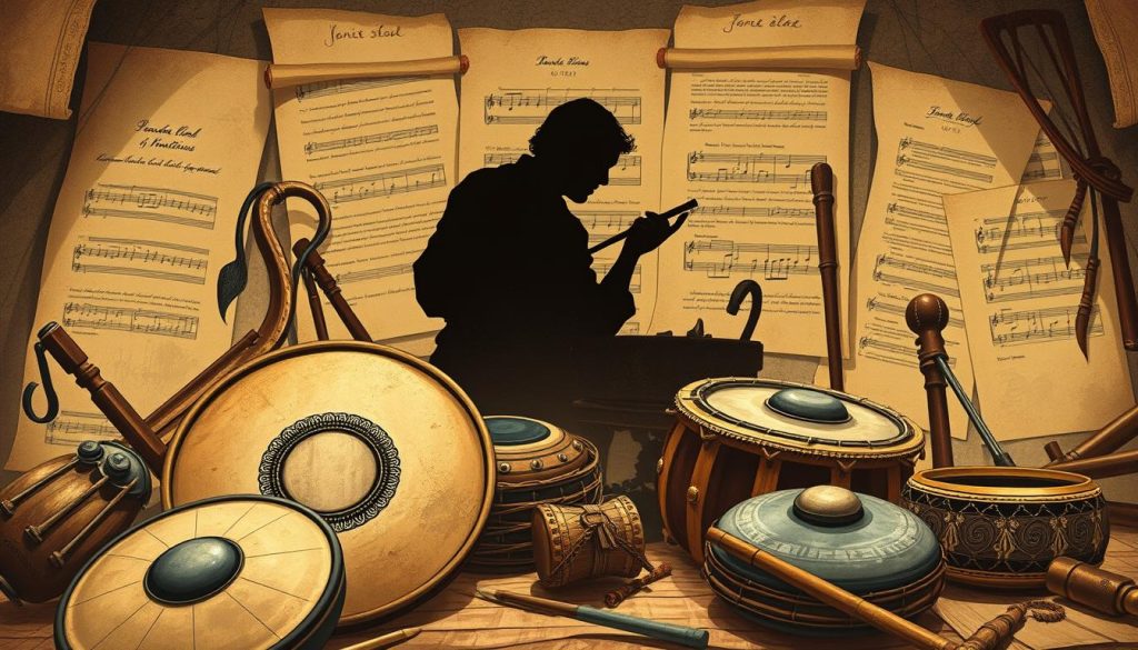 A vintage-inspired illustration of the rich history and evolution of musical instruments, captured in a detailed, realistic style. In the foreground, a diverse array of traditional instruments including a handpan and tongue drum, their intricate designs and textures on full display. In the middle ground, a shadowy silhouette of a skilled artisan crafting these instruments by hand, against a backdrop of ancient parchments and scrolls. The scene is bathed in a warm, sepia-toned lighting, evoking a sense of timelessness and reverence for the centuries-old traditions of music-making. The overall composition conveys a sense of reverence and appreciation for the origins and evolution of these captivating instruments. A vintage-inspired illustration of the rich history and evolution of musical instruments, captured in a detailed, realistic style. In the foreground, a diverse array of traditional instruments including a handpan and tongue drum, their intricate designs and textures on full display. In the middle ground, a shadowy silhouette of a skilled artisan crafting these instruments by hand, against a backdrop of ancient parchments and scrolls. The scene is bathed in a warm, sepia-toned lighting, evoking a sense of timelessness and reverence for the centuries-old traditions of music-making. The overall composition conveys a sense of reverence and appreciation for the origins and evolution of these captivating instruments.