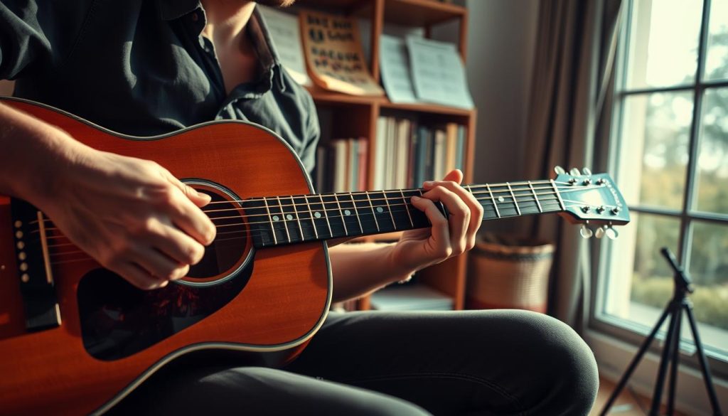A close-up shot of a person playing the guitar, focusing on their hands skillfully positioning over the fretboard to demonstrate the intricate chords of "Stairway to Heaven." The guitarist is dressed in professional casual attire, seated comfortably in a cozy, warmly lit room filled with music sheets and a classic acoustic guitar resting on their lap. Soft, ambient lighting creates an inviting atmosphere, casting gentle shadows that enhance the mood of creativity and passion for music. In the background, a shelf lined with music books and a window showing a serene outdoor view adds depth, suggesting a space for both practice and inspiration. The image captures the essence of guitar playing, with an emphasis on technique and the beauty of the instrument. A close-up shot of a person playing the guitar, focusing on their hands skillfully positioning over the fretboard to demonstrate the intricate chords of "Stairway to Heaven." The guitarist is dressed in professional casual attire, seated comfortably in a cozy, warmly lit room filled with music sheets and a classic acoustic guitar resting on their lap. Soft, ambient lighting creates an inviting atmosphere, casting gentle shadows that enhance the mood of creativity and passion for music. In the background, a shelf lined with music books and a window showing a serene outdoor view adds depth, suggesting a space for both practice and inspiration. The image captures the essence of guitar playing, with an emphasis on technique and the beauty of the instrument.
