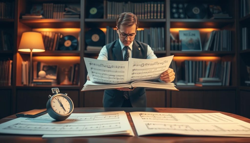 A detailed musical analysis visualization featuring a sophisticated setting that embodies the essence of a classic rock composition. In the foreground, a polished wooden table is covered with sheet music, a metronome, and musical notation examples. The middle layer showcases a human figure dressed in professional attire, deeply engrossed in examining the music, with a thoughtful expression and pen in hand. In the background, shelves adorned with vinyl records and books about music theory are softly illuminated by warm, ambient lighting. The atmosphere is scholarly and contemplative, evoking a sense of discovery and deep appreciation for the complexities of the composition. A gentle spotlight focuses on the table, enhancing the details of the sheet music and creating a contrast with the softly blurred background, inviting viewers into the intricate world of musical analysis. A detailed musical analysis visualization featuring a sophisticated setting that embodies the essence of a classic rock composition. In the foreground, a polished wooden table is covered with sheet music, a metronome, and musical notation examples. The middle layer showcases a human figure dressed in professional attire, deeply engrossed in examining the music, with a thoughtful expression and pen in hand. In the background, shelves adorned with vinyl records and books about music theory are softly illuminated by warm, ambient lighting. The atmosphere is scholarly and contemplative, evoking a sense of discovery and deep appreciation for the complexities of the composition. A gentle spotlight focuses on the table, enhancing the details of the sheet music and creating a contrast with the softly blurred background, inviting viewers into the intricate world of musical analysis.