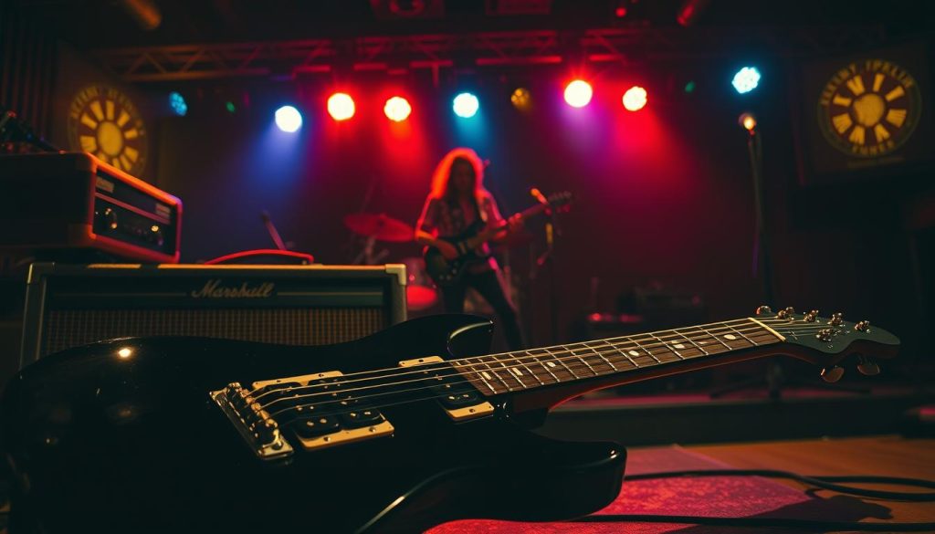 A dramatic scene capturing the essence of Led Zeppelin's iconic song "Black Dog." In the foreground, a vintage electric guitar rests against a classic amplifier, strings glinting under stage lights. The middle ground features a silhouette of a rock band in dynamic poses, passionately playing music. The background is illuminated with colorful stage lights casting a moody atmosphere, evoking nostalgia and energy. The scene is set in a dimly lit rock venue, creating an intimate yet electrifying vibe. Use warm ambient lighting to enhance the emotional depth, with a soft focus on the band and sharp details on the guitar. The image should convey the raw power and spirit of rock 'n' roll, highlighting the cultural significance of "Black Dog" without any text or distractions.