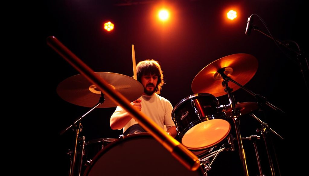 A dynamic and powerful scene capturing John Bonham's iconic drumming technique, showcasing him in the midst of an energetic performance. In the foreground, Bonham is depicted playing a classic Ludwig drum kit, focusing intently as he strikes the snare and bass drums with precision. His posture is confident, demonstrating his unique style characterized by a strong, driving rhythm. The middle ground features illuminated drumsticks in motion, frozen in time to illustrate the intensity of his playing. The background is a dimly lit concert stage, with subtle spotlights highlighting Bonham, creating an atmosphere of excitement and energy. The overall mood is vibrant and electrifying, reflecting the essence of Led Zeppelin's music. Shot from a low angle to emphasize Bonham’s presence and technique, with soft, warm lighting casting dramatic shadows.