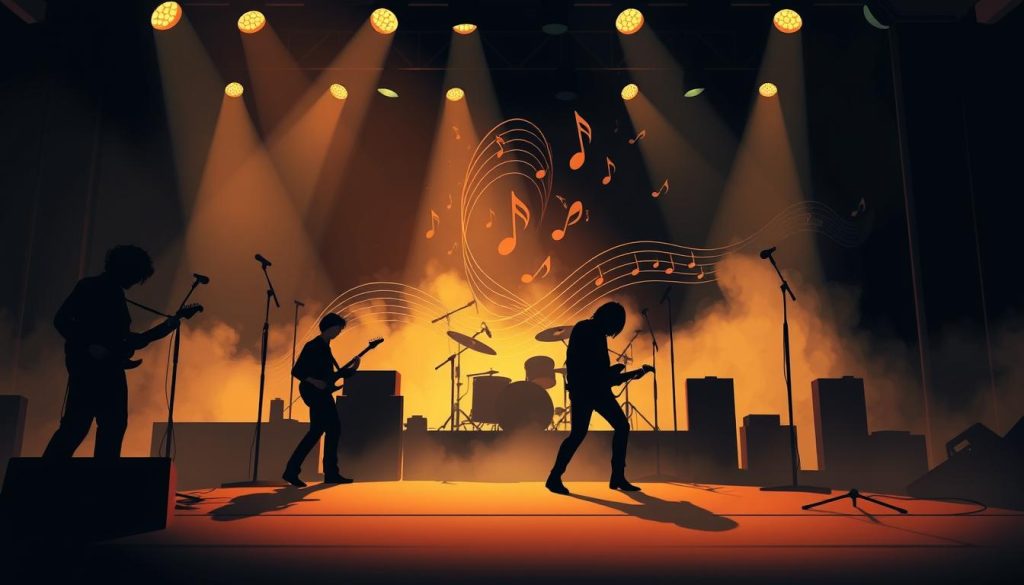 A dynamic illustration depicting the creative contributions of the members of Led Zeppelin in the context of "Black Dog." In the foreground, visualize silhouettes of instruments such as a guitar, drums, and microphone stands, representing each member’s pivotal role. In the middle ground, show an abstract representation of music notes swirling and intertwining, symbolizing their collective songwriting process. The background features a stylized, smoky concert stage with soft, dramatic lighting casting a warm glow, evoking the energy of a live performance. The mood should be intense and captivating, reflecting the timeless essence of rock music with a slight vintage feel. The perspective should be slightly elevated, allowing viewers to feel immersed in the atmosphere of a legendary jam session. A dynamic illustration depicting the creative contributions of the members of Led Zeppelin in the context of "Black Dog." In the foreground, visualize silhouettes of instruments such as a guitar, drums, and microphone stands, representing each member’s pivotal role. In the middle ground, show an abstract representation of music notes swirling and intertwining, symbolizing their collective songwriting process. The background features a stylized, smoky concert stage with soft, dramatic lighting casting a warm glow, evoking the energy of a live performance. The mood should be intense and captivating, reflecting the timeless essence of rock music with a slight vintage feel. The perspective should be slightly elevated, allowing viewers to feel immersed in the atmosphere of a legendary jam session.