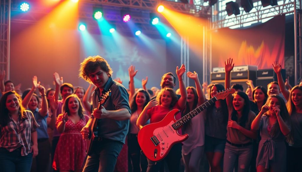 A dynamic rock concert scene inspired by "Whole Lotta Love," capturing the energy and legacy of rock music. In the foreground, a passionate guitarist in professional casual attire plays an electric guitar, his expression intense, with vibrant stage lights illuminating him. The middle ground features excited fans, their hands raised in appreciation, showcasing diverse individuals in modest clothing, embodying the spirit of unity in music. In the background, a colorful stage setup with spotlights and retro amplifiers enhances the lively atmosphere. The scene is set during the golden hour, with warm hues casting a nostalgic glow over the event, evoking the timeless influence of classic rock. The overall mood is electric, celebrating the cultural impact of "Whole Lotta Love." A dynamic rock concert scene inspired by "Whole Lotta Love," capturing the energy and legacy of rock music. In the foreground, a passionate guitarist in professional casual attire plays an electric guitar, his expression intense, with vibrant stage lights illuminating him. The middle ground features excited fans, their hands raised in appreciation, showcasing diverse individuals in modest clothing, embodying the spirit of unity in music. In the background, a colorful stage setup with spotlights and retro amplifiers enhances the lively atmosphere. The scene is set during the golden hour, with warm hues casting a nostalgic glow over the event, evoking the timeless influence of classic rock. The overall mood is electric, celebrating the cultural impact of "Whole Lotta Love."