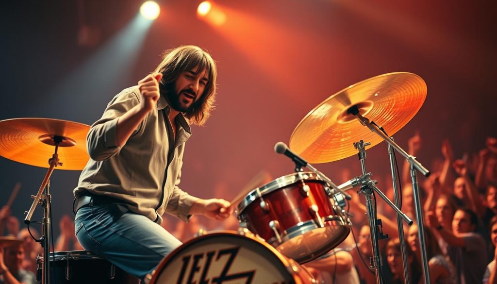 A dynamic scene capturing John Bonham, the legendary rock drummer of Led Zeppelin, in the midst of a powerful performance. In the foreground, Bonham is intensely focused, wearing his signature casual rock attire— a simple shirt and jeans— while striking a dramatic pose behind a vintage drum kit adorned with the iconic Led Zeppelin logo. His expression reveals passion and energy, showcasing his unique style. In the middle ground, the stage is illuminated with warm, vibrant lighting, highlighting the shimmering cymbals and the textured surfaces of the drum set. The background features a cheering crowd, blurred slightly to convey motion and excitement, adding to the rock concert atmosphere. The overall mood is intense and electrifying, capturing the essence of the '70s rock scene. A dynamic scene capturing John Bonham, the legendary rock drummer of Led Zeppelin, in the midst of a powerful performance. In the foreground, Bonham is intensely focused, wearing his signature casual rock attire— a simple shirt and jeans— while striking a dramatic pose behind a vintage drum kit adorned with the iconic Led Zeppelin logo. His expression reveals passion and energy, showcasing his unique style. In the middle ground, the stage is illuminated with warm, vibrant lighting, highlighting the shimmering cymbals and the textured surfaces of the drum set. The background features a cheering crowd, blurred slightly to convey motion and excitement, adding to the rock concert atmosphere. The overall mood is intense and electrifying, capturing the essence of the '70s rock scene.
