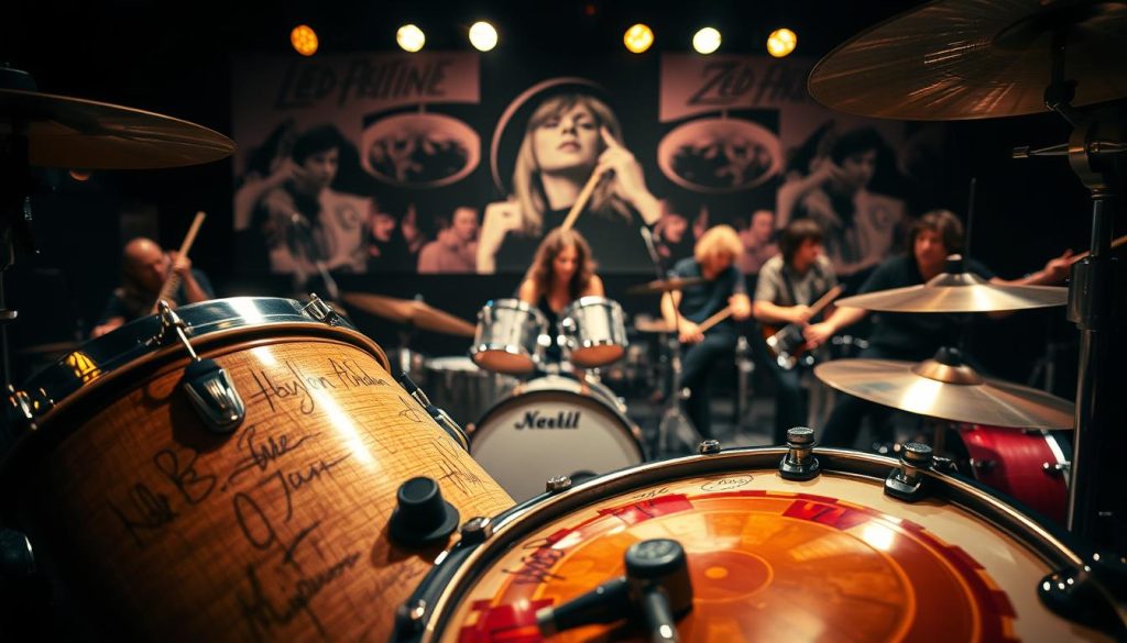 A dynamic scene showcasing the influence of John Bonham in the world of drumming. In the foreground, a close-up of a vintage drum set with intricate details, reflecting his powerful style, adorned with signatures reminiscent of Led Zeppelin's era. In the middle ground, drummers of diverse backgrounds, all passionately playing various types of drums, symbolizing Bonham's legacy in different genres. The background features iconic images of Bonham in action, subtly blended to evoke nostalgia, framed by dim, atmospheric lighting that highlights the energy and rhythm of the scene. Use a shallow depth of field to focus on the drummers, enhancing the mood of energetic inspiration and reverence for Bonham's influence. The overall atmosphere is vibrant, capturing the essence of passion for drumming. A dynamic scene showcasing the influence of John Bonham in the world of drumming. In the foreground, a close-up of a vintage drum set with intricate details, reflecting his powerful style, adorned with signatures reminiscent of Led Zeppelin's era. In the middle ground, drummers of diverse backgrounds, all passionately playing various types of drums, symbolizing Bonham's legacy in different genres. The background features iconic images of Bonham in action, subtly blended to evoke nostalgia, framed by dim, atmospheric lighting that highlights the energy and rhythm of the scene. Use a shallow depth of field to focus on the drummers, enhancing the mood of energetic inspiration and reverence for Bonham's influence. The overall atmosphere is vibrant, capturing the essence of passion for drumming.