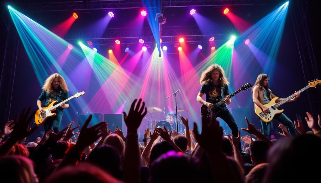 A dynamic stage performance by Led Zeppelin, capturing the essence of rock and roll in a vibrant concert setting. In the foreground, the band members—dressed in stylish 1970s attire, featuring long hair and instruments—are immersed in their music, exuding passion and intensity. The middle ground showcases a swirling mass of energetic fans, hands raised and faces lit with excitement, conveying the emotional connection between the band and the audience. In the background, a colorful light show creates an electrifying atmosphere, with beams of multicolored lights illuminating the stage, enhancing the mood of exhilaration and euphoria. The angle should be slightly from below, emphasizing the band's commanding presence. The lighting is dramatic, highlighting the performers against a darkened venue, evoking a sense of powerful nostalgia and timelessness. A dynamic stage performance by Led Zeppelin, capturing the essence of rock and roll in a vibrant concert setting. In the foreground, the band members—dressed in stylish 1970s attire, featuring long hair and instruments—are immersed in their music, exuding passion and intensity. The middle ground showcases a swirling mass of energetic fans, hands raised and faces lit with excitement, conveying the emotional connection between the band and the audience. In the background, a colorful light show creates an electrifying atmosphere, with beams of multicolored lights illuminating the stage, enhancing the mood of exhilaration and euphoria. The angle should be slightly from below, emphasizing the band's commanding presence. The lighting is dramatic, highlighting the performers against a darkened venue, evoking a sense of powerful nostalgia and timelessness.