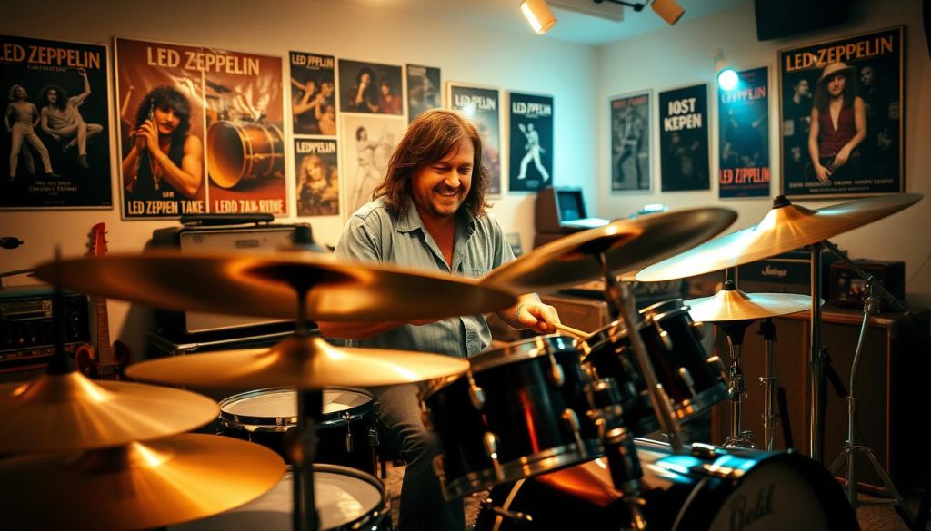 A legendary rock drummer, John Bonham, captured in a moment of intense concentration as he plays a classic drum set. In the foreground, focus on Bonham, a stocky man with long hair, wearing a casual shirt and jeans, surrounded by a lively energy. His hands expertly strike the cymbals and bass drum, showing his powerful technique. In the middle ground, a cozy, intimate rehearsal room adorned with posters of Led Zeppelin and vintage musical instruments. In the background, soft, warm lighting casts a nostalgic glow, enhancing the mood of the scene, reminiscent of 1970s rock culture. The atmosphere is vibrant yet intimate, celebrating Bonham's musical legacy and human qualities, as he passionately engages with his craft, exuding both joy and intensity. A legendary rock drummer, John Bonham, captured in a moment of intense concentration as he plays a classic drum set. In the foreground, focus on Bonham, a stocky man with long hair, wearing a casual shirt and jeans, surrounded by a lively energy. His hands expertly strike the cymbals and bass drum, showing his powerful technique. In the middle ground, a cozy, intimate rehearsal room adorned with posters of Led Zeppelin and vintage musical instruments. In the background, soft, warm lighting casts a nostalgic glow, enhancing the mood of the scene, reminiscent of 1970s rock culture. The atmosphere is vibrant yet intimate, celebrating Bonham's musical legacy and human qualities, as he passionately engages with his craft, exuding both joy and intensity.