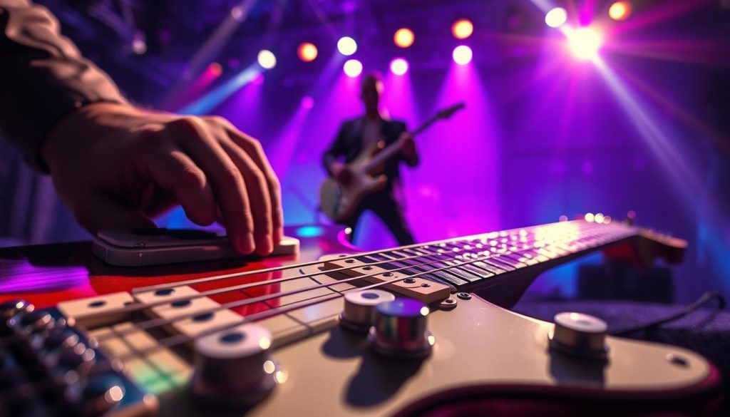 A striking, dramatic close-up of an electric guitar, focusing on the strings and fretboard where a guitarist's fingers are poised, capturing the essence of the legendary "Whole Lotta Love" riff. The foreground showcases intricate details of the guitar, with vibrant colors reflecting the metallic sheen of the body. In the middle ground, a silhouette of a passionate guitarist dressed in professional, stylish attire stands mid-pose, embodying the energy of the music. The background is an abstract blur of concert lights in rich hues of purple and blue, creating a dynamic and immersive atmosphere. The lighting is high-contrast, emphasizing shadows and textures, with a slight lens flare to enhance the vibrant feel. Overall, the scene conveys excitement, nostalgia, and the iconic sound of rock music. A striking, dramatic close-up of an electric guitar, focusing on the strings and fretboard where a guitarist's fingers are poised, capturing the essence of the legendary "Whole Lotta Love" riff. The foreground showcases intricate details of the guitar, with vibrant colors reflecting the metallic sheen of the body. In the middle ground, a silhouette of a passionate guitarist dressed in professional, stylish attire stands mid-pose, embodying the energy of the music. The background is an abstract blur of concert lights in rich hues of purple and blue, creating a dynamic and immersive atmosphere. The lighting is high-contrast, emphasizing shadows and textures, with a slight lens flare to enhance the vibrant feel. Overall, the scene conveys excitement, nostalgia, and the iconic sound of rock music.