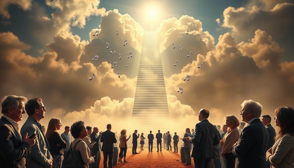 A surreal and contemplative scene capturing the essence of the controversies surrounding "Stairway to Heaven." In the foreground, a group of diverse individuals in business attire are engaged in animated discussions, examining musical notes and imagery that symbolize various interpretations of the song. The middle ground features a large, ethereal staircase ascending into a cloud-strewn sky, representing the song's spiritual themes. In the background, faint outlines of iconic rock concert scenes fade into the mist, evoking a nostalgic atmosphere. Soft, warm lighting enhances the dreamlike quality of the scene, with a slight lens flare suggesting enlightenment. The overall mood is one of intrigue and curiosity, inviting viewers to explore the deeper meanings and debates surrounding this iconic piece of music. A surreal and contemplative scene capturing the essence of the controversies surrounding "Stairway to Heaven." In the foreground, a group of diverse individuals in business attire are engaged in animated discussions, examining musical notes and imagery that symbolize various interpretations of the song. The middle ground features a large, ethereal staircase ascending into a cloud-strewn sky, representing the song's spiritual themes. In the background, faint outlines of iconic rock concert scenes fade into the mist, evoking a nostalgic atmosphere. Soft, warm lighting enhances the dreamlike quality of the scene, with a slight lens flare suggesting enlightenment. The overall mood is one of intrigue and curiosity, inviting viewers to explore the deeper meanings and debates surrounding this iconic piece of music.